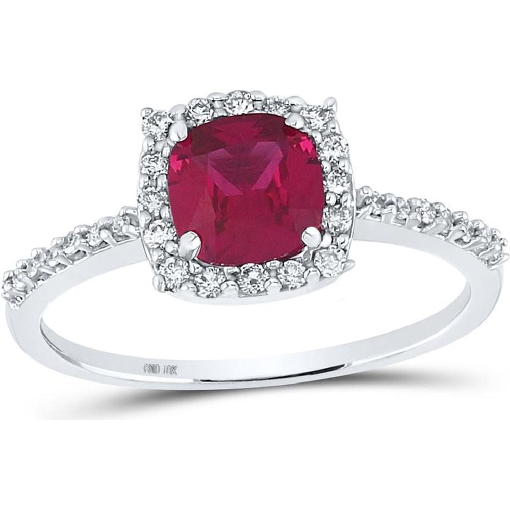 GND 10K White Gold Cushion Synthetic Ruby with Prong-Set Diamond Halo Ring - 1.53 Carat Total Gem Weight