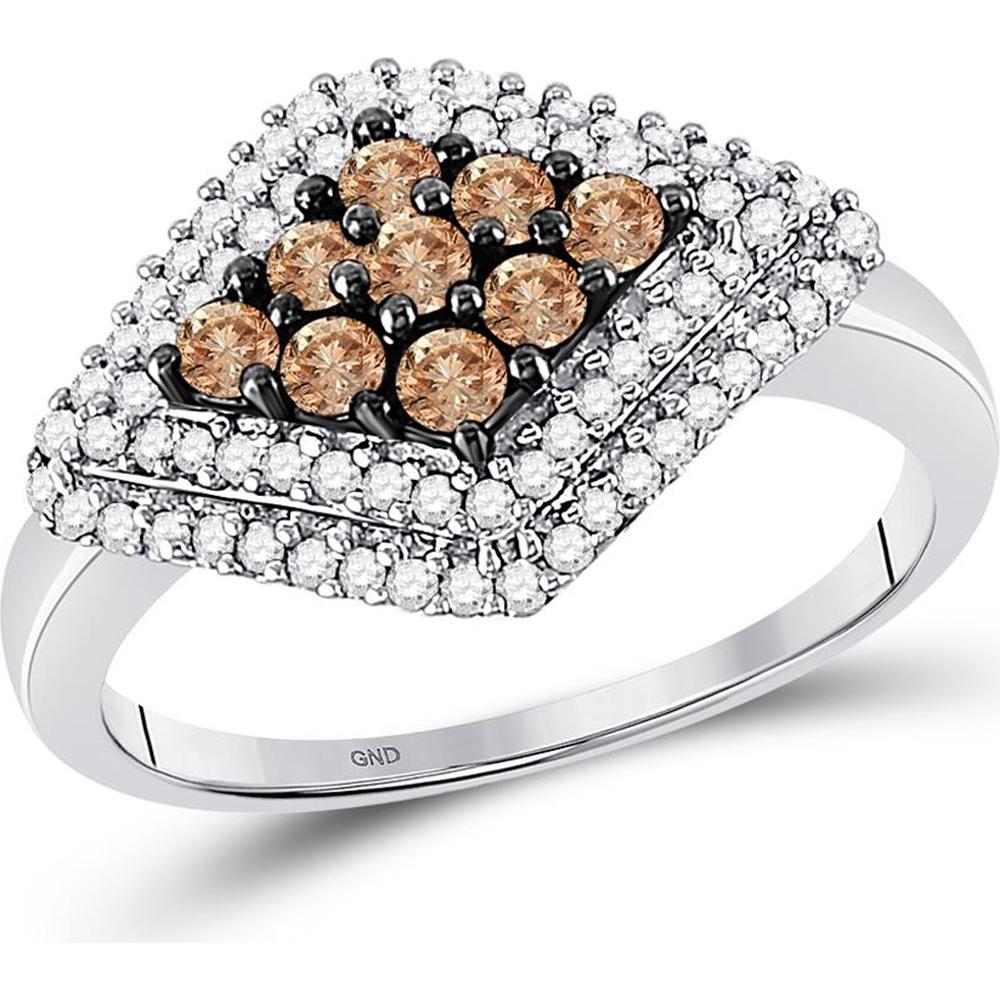 GND 10K White Gold Diagonal Cluster Ring with Pave-Set Brown Diamonds and Prong-Set Round White Diamonds - 0.80 Carat Total Carat Weight