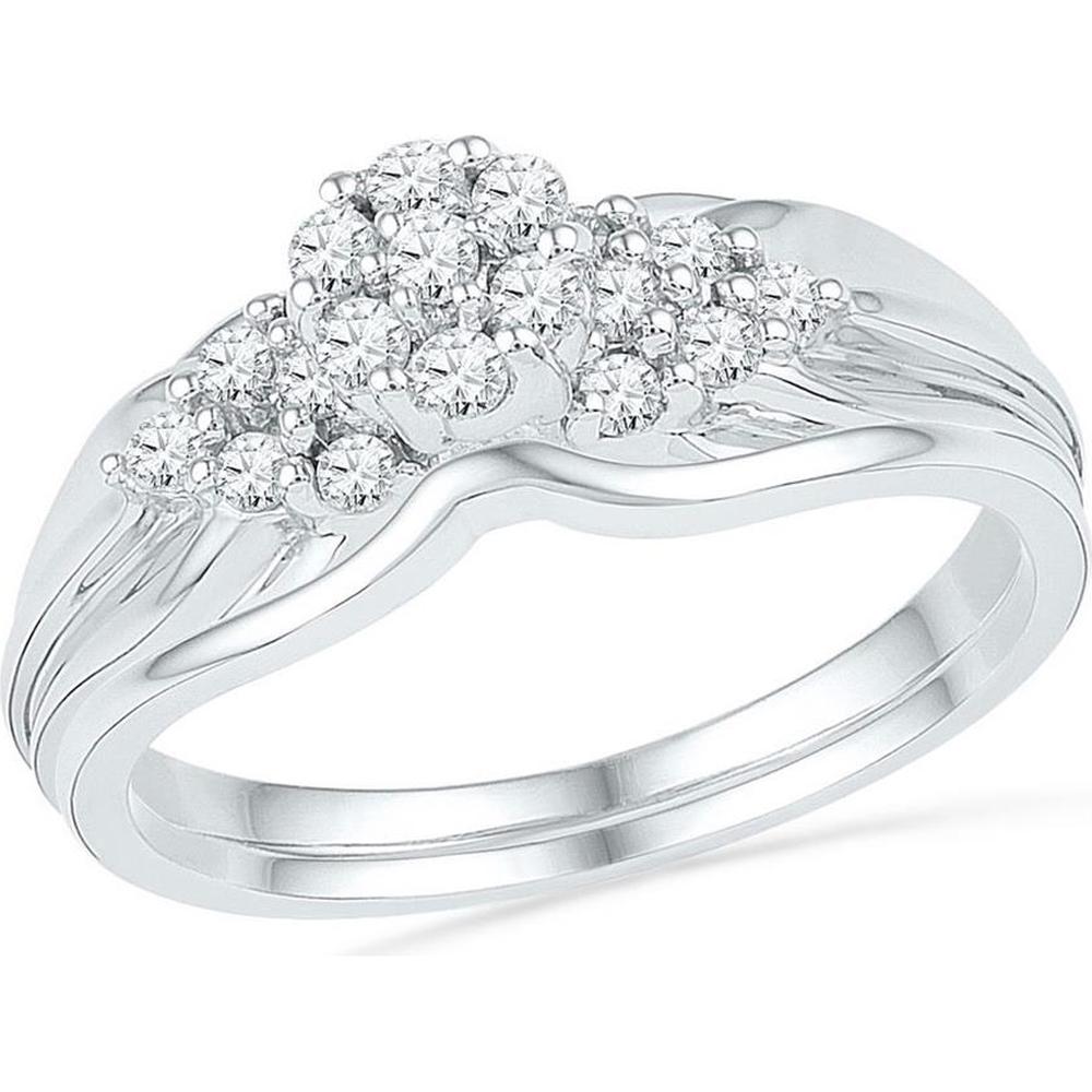 GND 10K White Gold Diamond Bridal Wedding Ring Set with Prong and Pave Set Round Diamonds - 1/3 Total Carat Weight