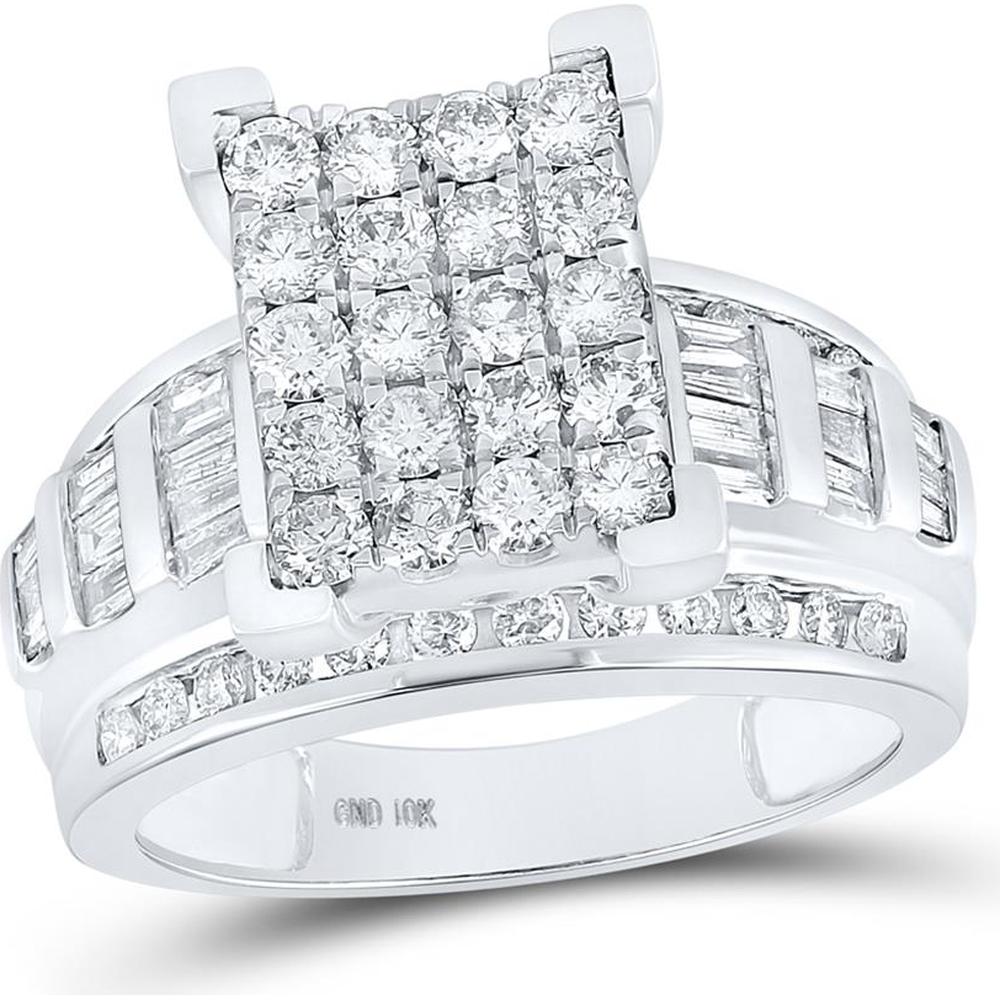 GND 10K White Gold Diamond Cluster Bridal Engagement Ring with Pave and Channel Set Round and Baguette Diamonds - 1.5 Carat Total Diamond Weight