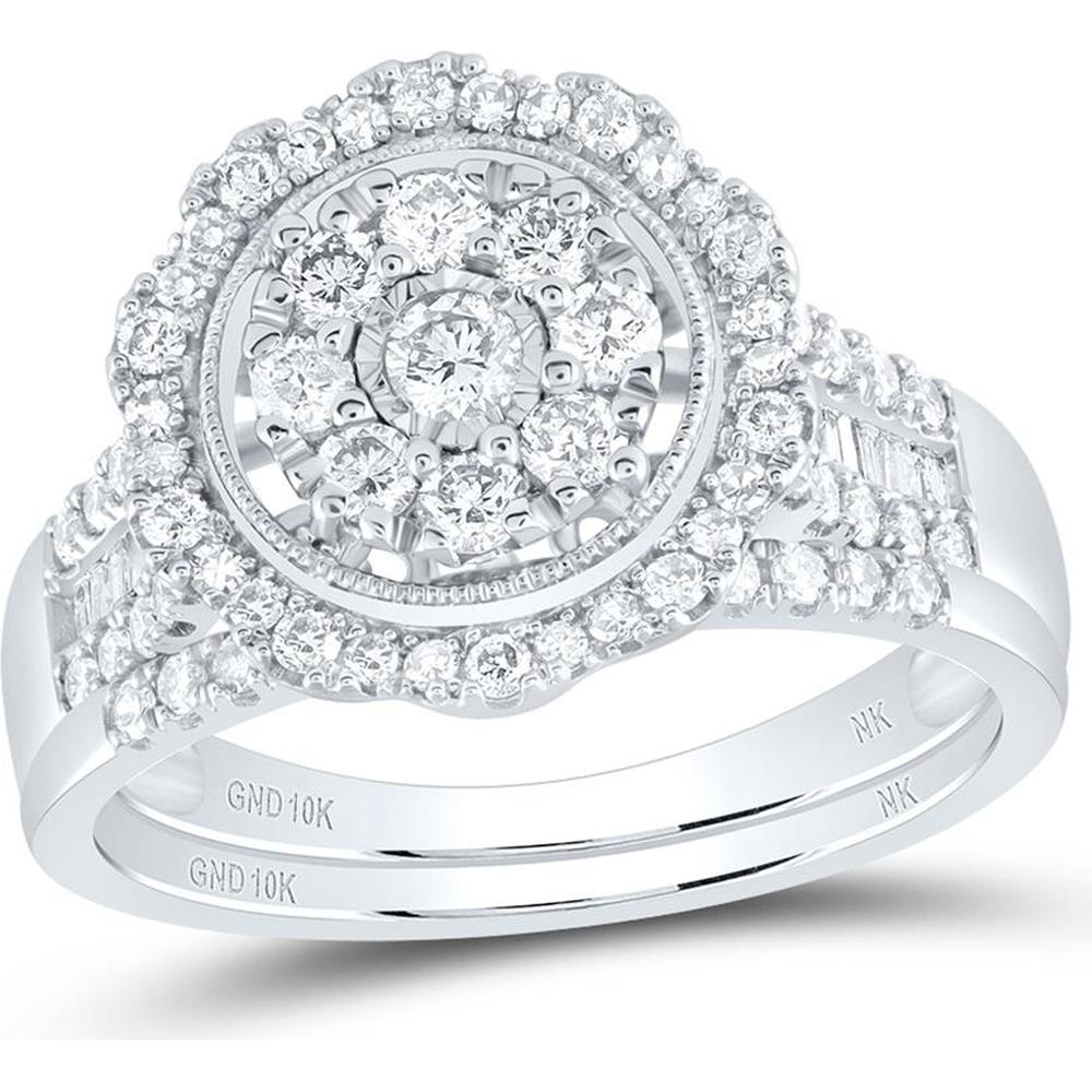 GND 10K White Gold Diamond Cluster Bridal Wedding Ring Set with Round and Baguette Diamonds - 1.00 Carat Total Diamond Weight