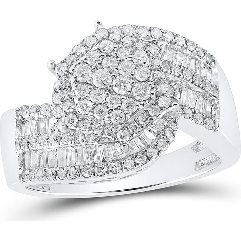 GND 10K White Gold Diamond Cluster Ring with Round and Baguette Diamonds - 1.00 Carat Total Diamond Weight