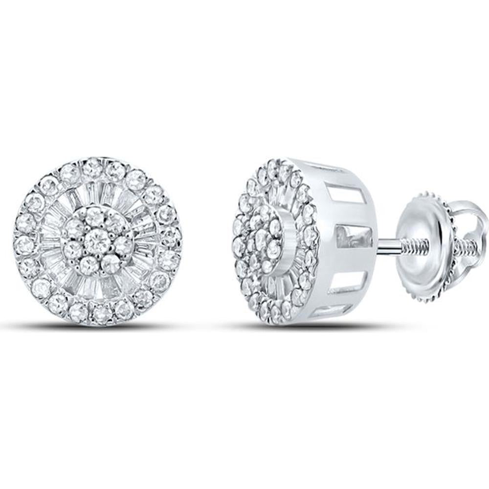 GND 10K White Gold Diamond Cluster Stud Earrings with Round and Baguette Diamonds - 3/4 Carat Total Diamond Weight