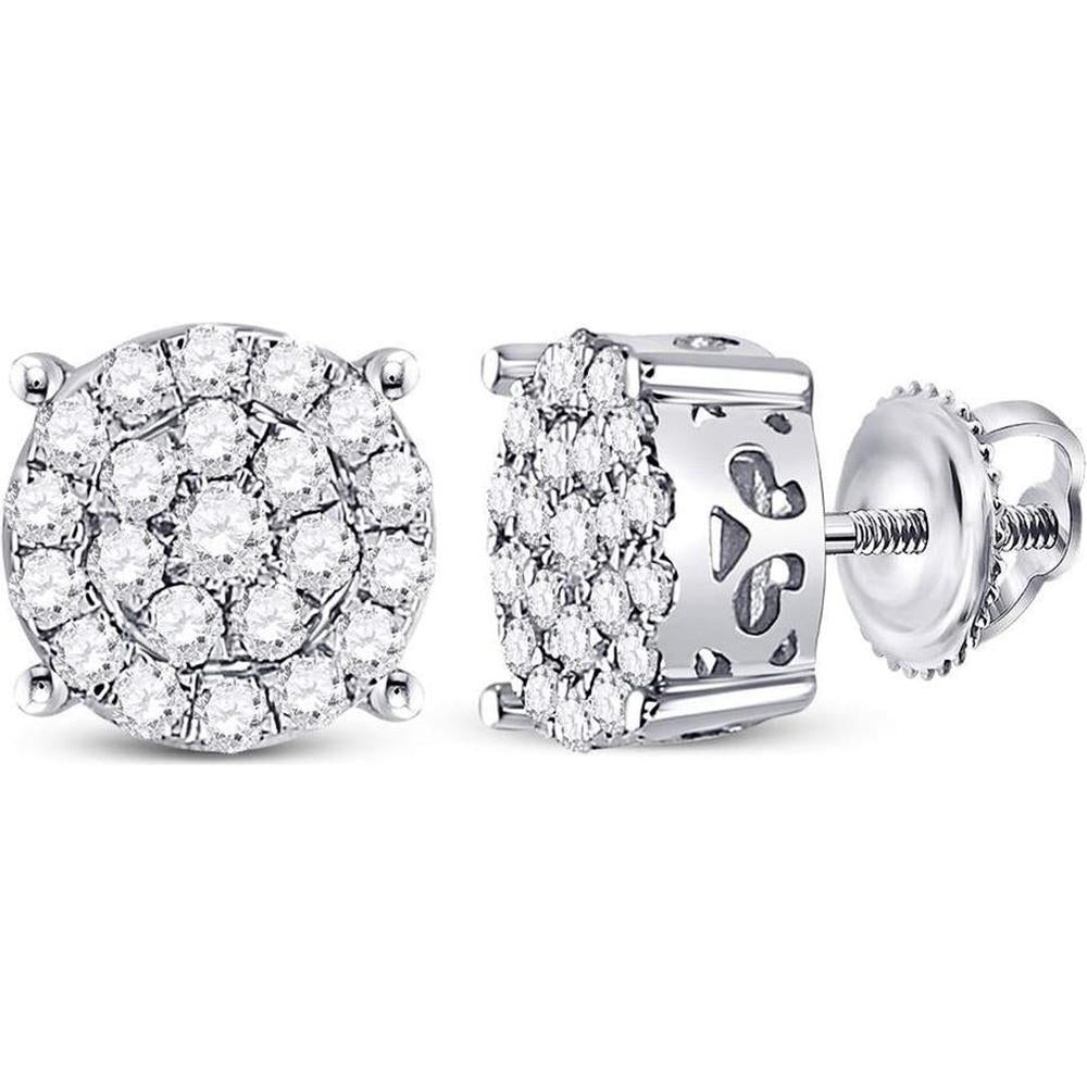 GND 10K White Gold Diamond Cluster Stud Earrings with Round Prong-Set Diamonds - 3/4 Total Carat Weight