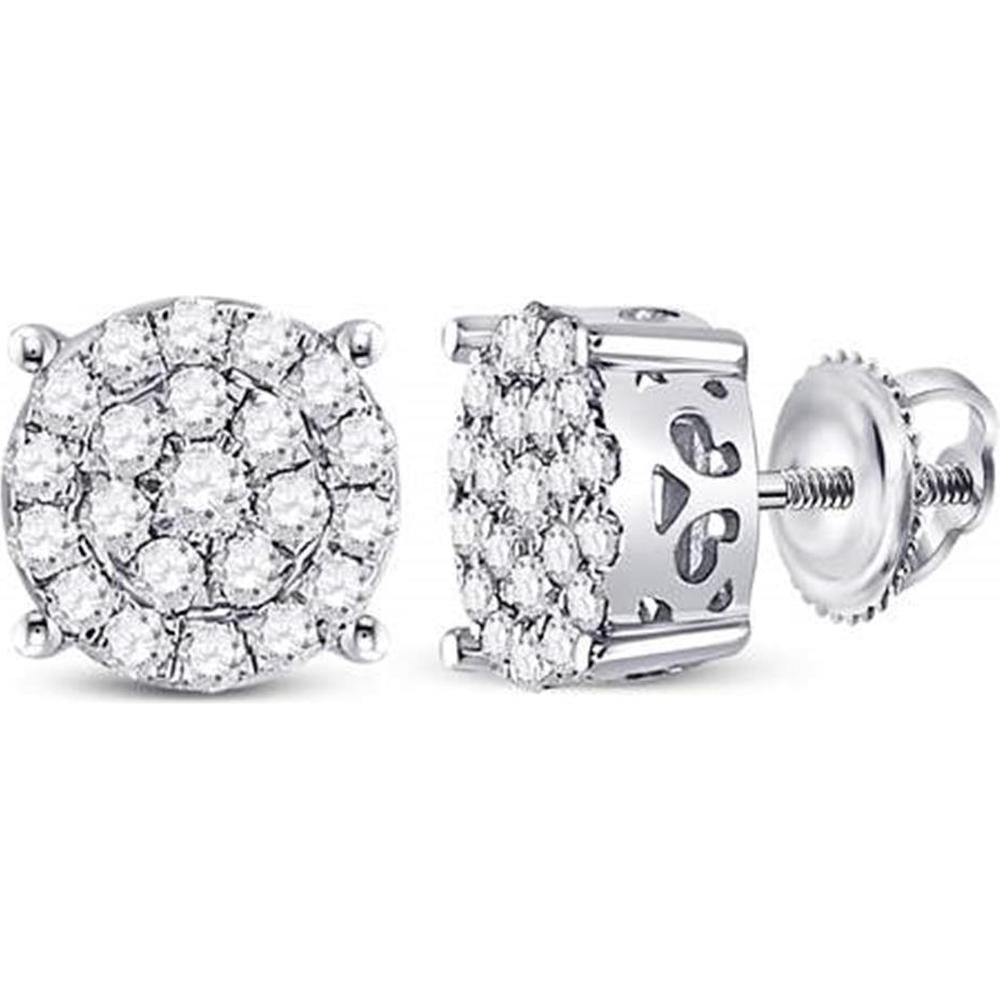 GND 10K White Gold Diamond Cluster Stud Earrings with Round Prong-Set Diamonds - 3/4 Total Carat Weight