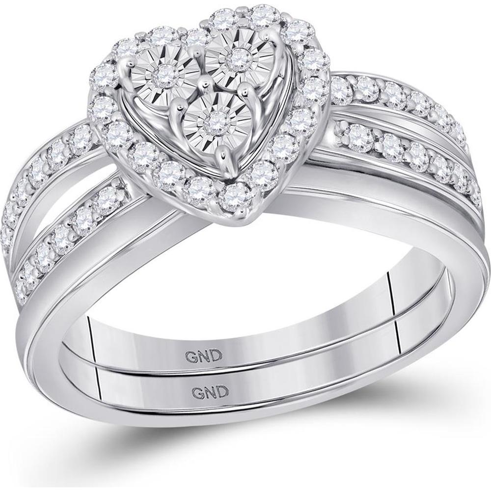 GND 10K White Gold Diamond Heart Bridal Wedding Ring Set with Prong-Set and Pave Diamonds - 3/4 Carat Total Diamond Weight
