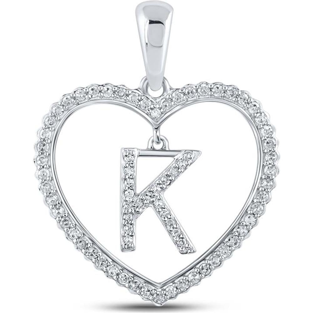 GND 10K White Gold Diamond Heart Pendant with K Initial - 1/4 Total Carat Weight