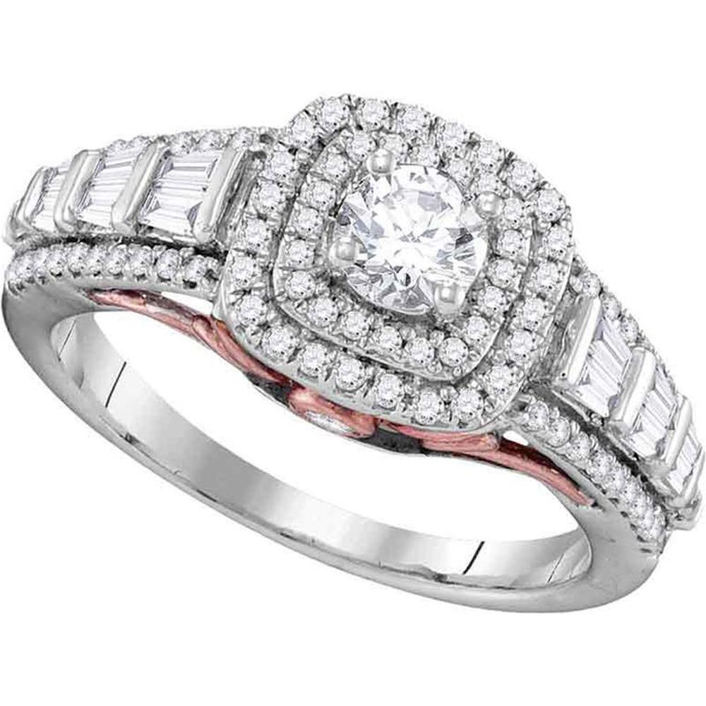 GND 10K White Gold Double Halo Engagement Ring with 5/8 Carat Round Center Diamond and Baguette Accents - 1.0 Carat Total Diamond Weight