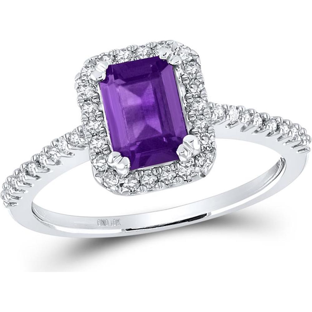 GND 10K White Gold Emerald-Cut Amethyst and Diamond Halo Ring - 1.15 Carat Total Gem Weight