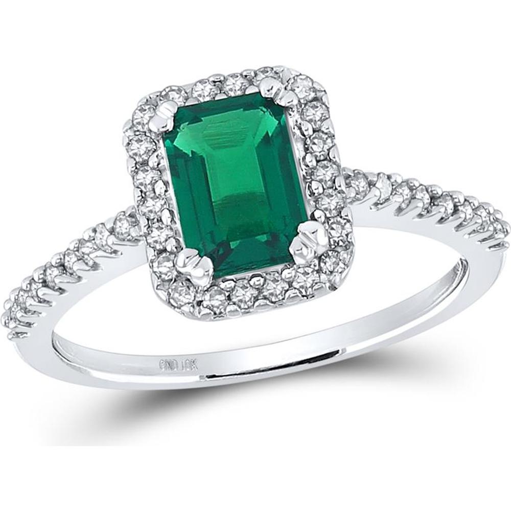 GND 10K White Gold Emerald-Cut Lab-Created Emerald and Diamond Halo Ring - 1.13 Carat Total Gemstone Weight