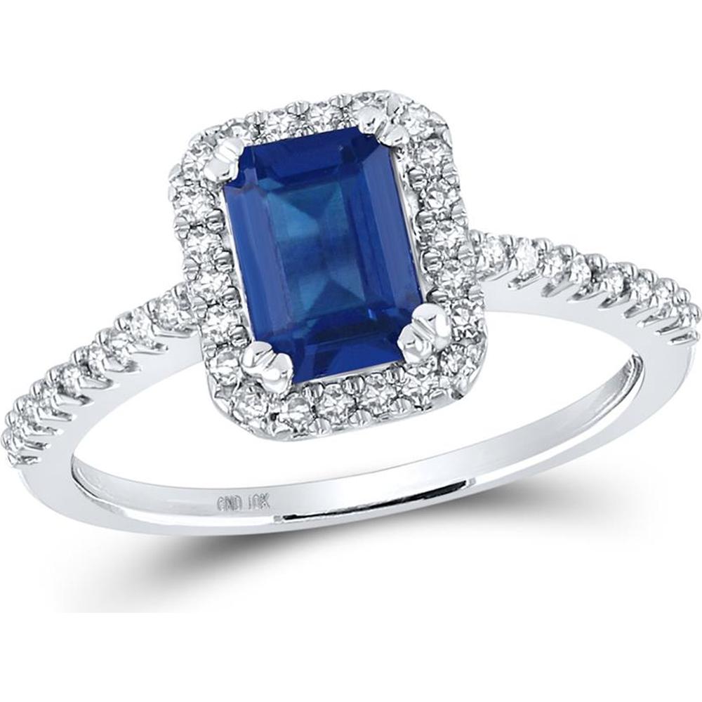 GND 10K White Gold Emerald-Cut Synthetic Blue Sapphire and Diamond Halo Ring - 1.77 Carat Total Gemstone Weight