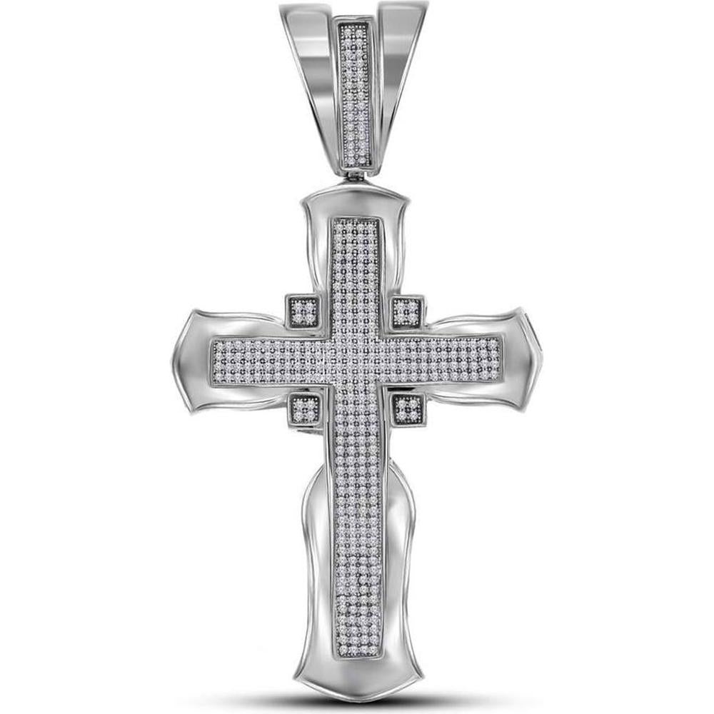 GND 10K White Gold Flared Cross Crucifix Pendant with Pave-Set Round Diamonds - 1 Carat Total Diamond Weight