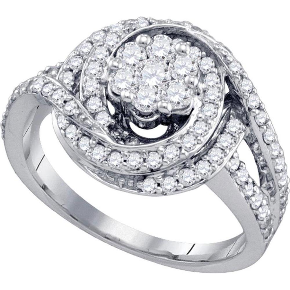 GND 10K White Gold Flower Cluster Bridal Engagement Ring with Pave-Set Round Diamonds - 1.03 Carat Total Diamond Weight