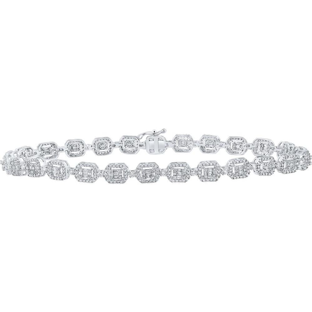 GND 10K White Gold Geometric Link Bracelet with Channel-Set Baguette and Prong-Set Round Diamonds - 3.00 Carat Total Diamond Weight