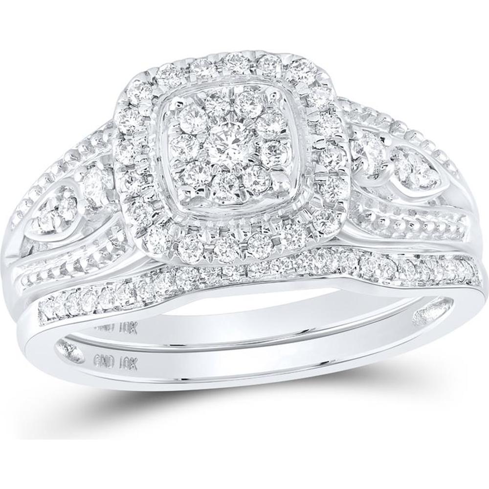 GND 10K White Gold Halo Bridal Wedding Ring Set with Pave-Set Round Diamonds - 3/8 Total Carat Weight