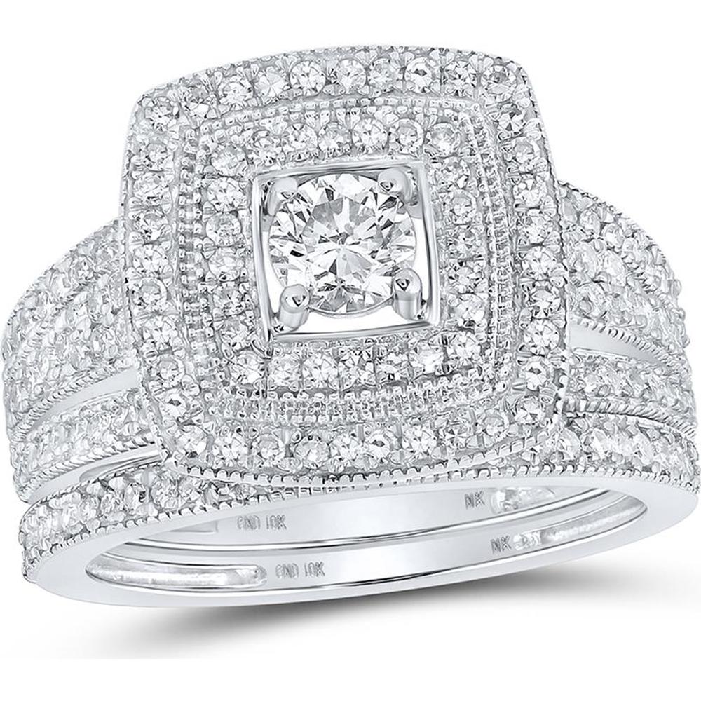 GND 10K White Gold Halo Bridal Wedding Ring Set with Round Diamonds - 1.00 Carat Total Diamond Weight