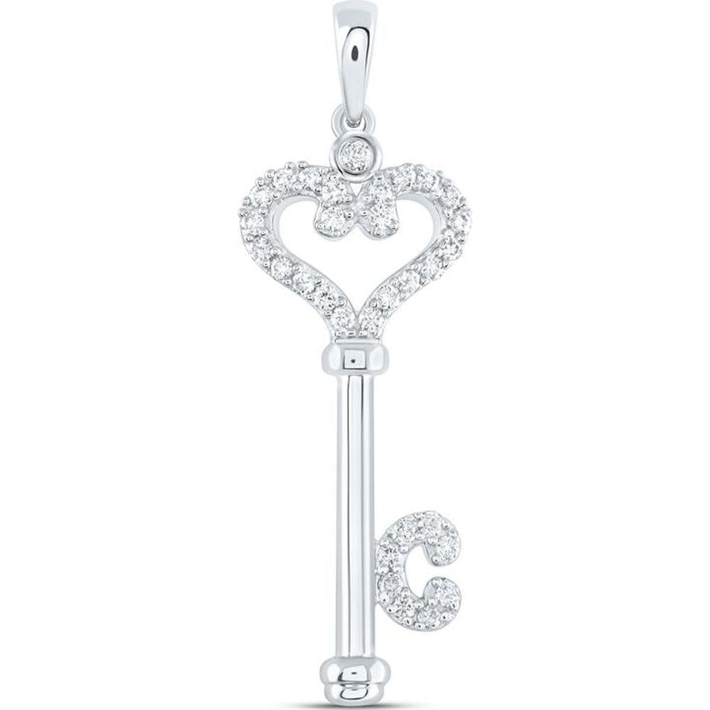 GND 10K White Gold Heart Key Pendant with Prong-Set Round Diamonds - 1/6 Total Carat Weight