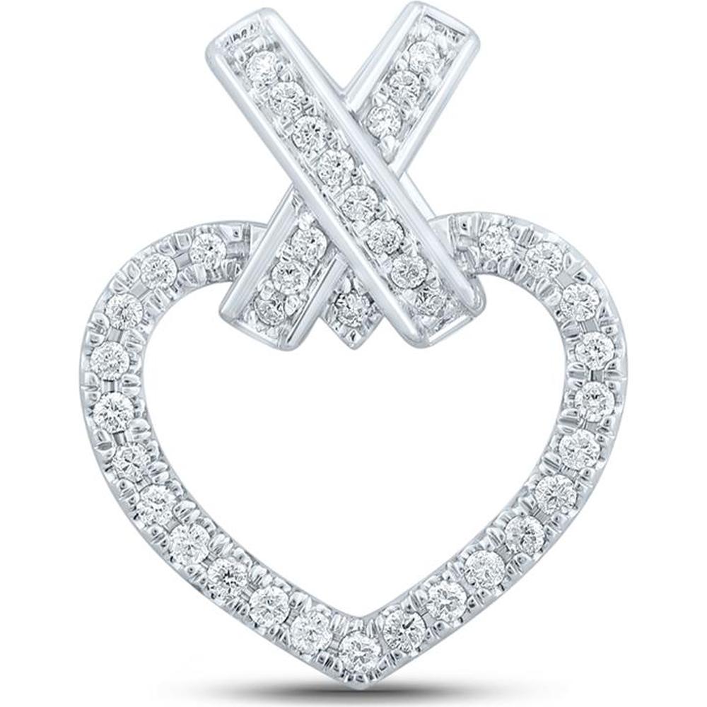 GND 10K White Gold Heart Pendant with Prong and Pavé Set Round Diamonds - 1/4 Carat Total Diamond Weight