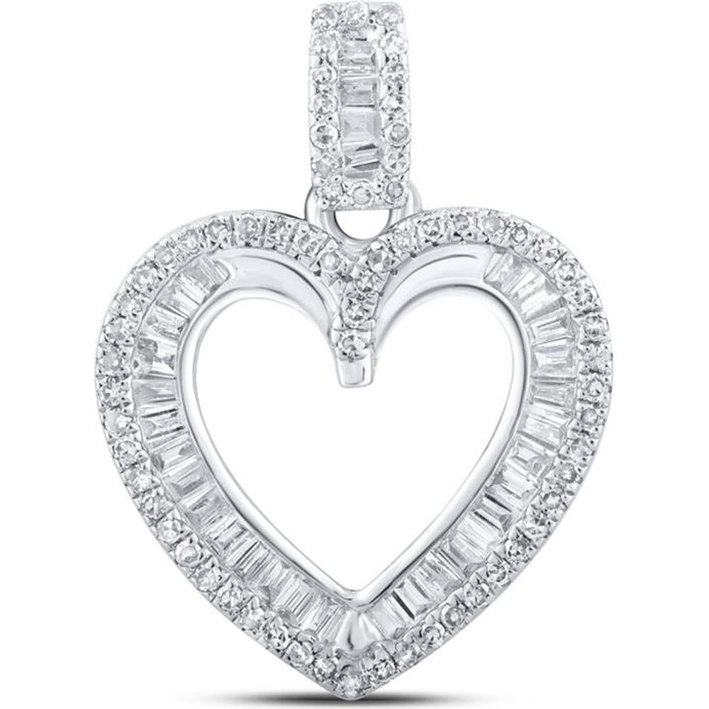 GND 10K White Gold Heart Pendant with Round and Baguette Diamonds - 3/8 Total Carat Weight