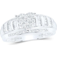 GND 10K White Gold Heart-Shaped Bridal Engagement Ring with Round and Baguette Diamonds - 1/2 Carat Total Diamond Weight