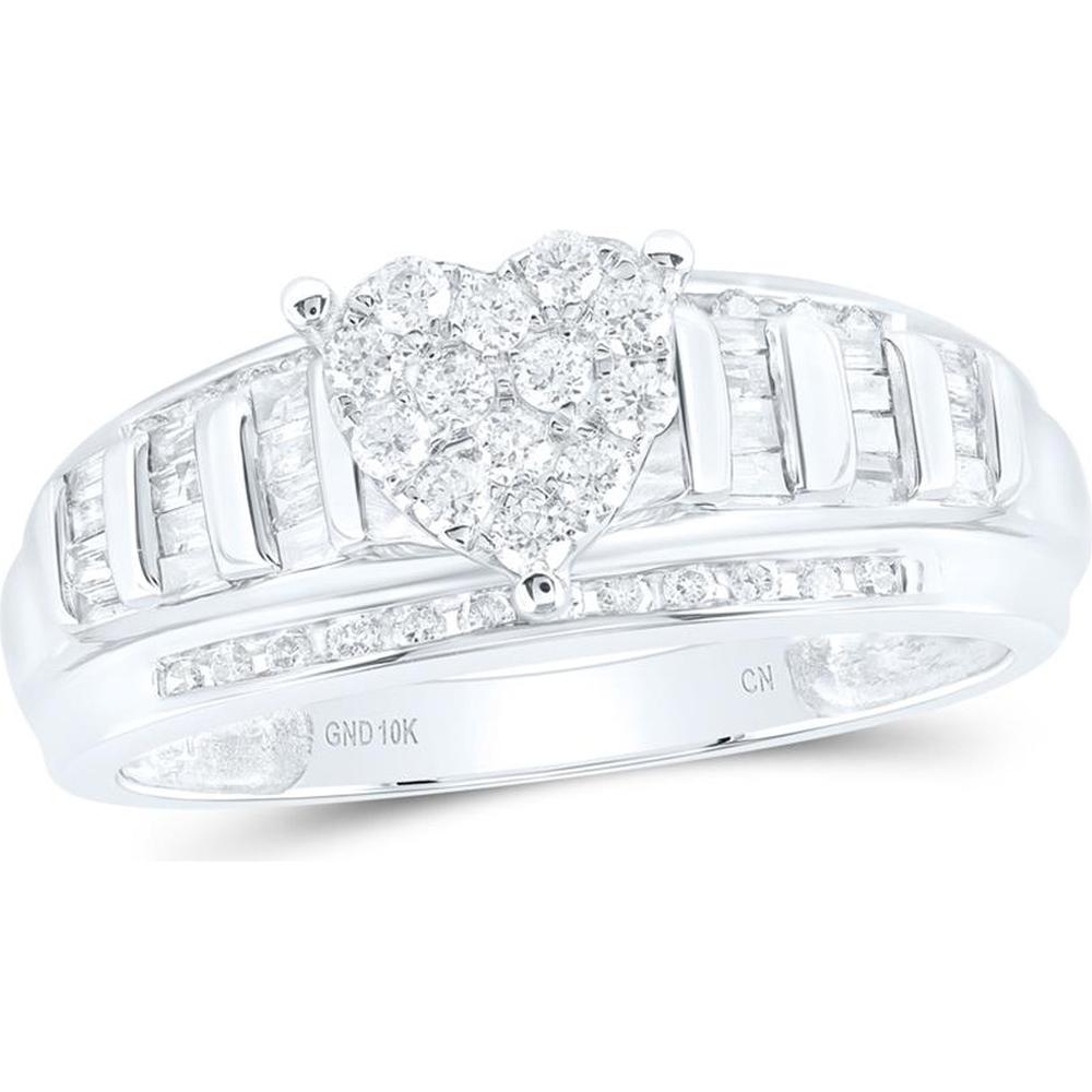 GND 10K White Gold Heart-Shaped Bridal Engagement Ring with Round and Baguette Diamonds - 1/2 Carat Total Diamond Weight
