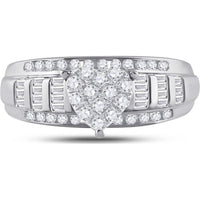 GND 10K White Gold Heart-Shaped Bridal Engagement Ring with Round and Baguette Diamonds - 1/2 Carat Total Diamond Weight