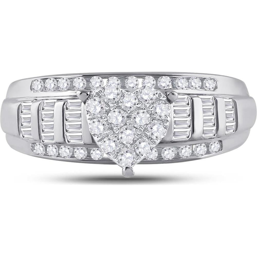 GND 10K White Gold Heart-Shaped Bridal Engagement Ring with Round and Baguette Diamonds - 1/2 Carat Total Diamond Weight