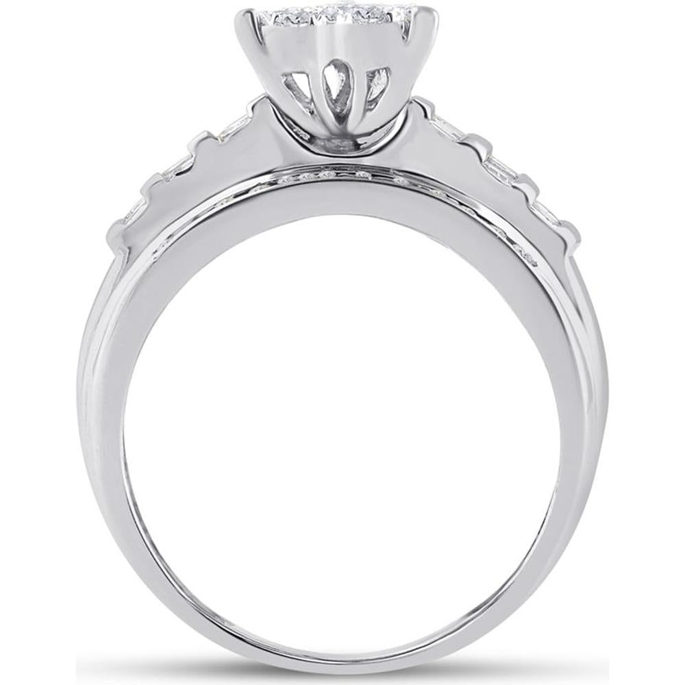 GND 10K White Gold Heart-Shaped Bridal Engagement Ring with Round and Baguette Diamonds - 1/2 Carat Total Diamond Weight