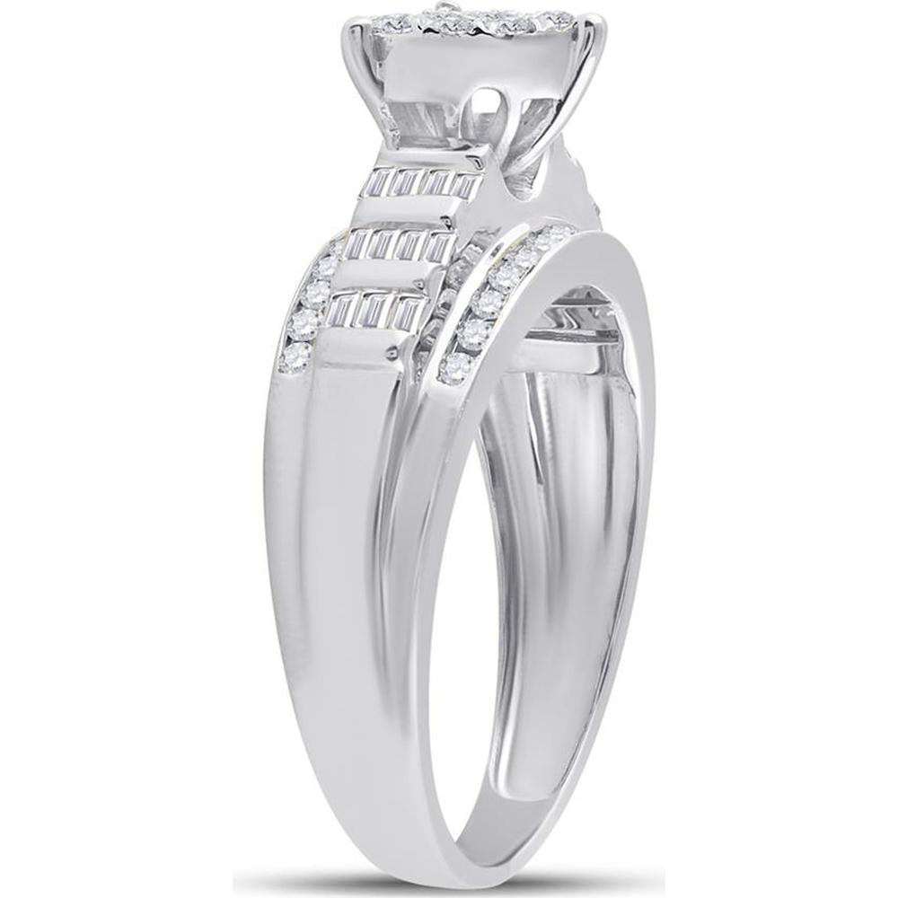 GND 10K White Gold Heart-Shaped Bridal Engagement Ring with Round and Baguette Diamonds - 1/2 Carat Total Diamond Weight