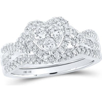 GND 10K White Gold Heart-Shaped Bridal Wedding Ring Set with Round Prong-Set Diamonds - 5/8 Total Carat Weight