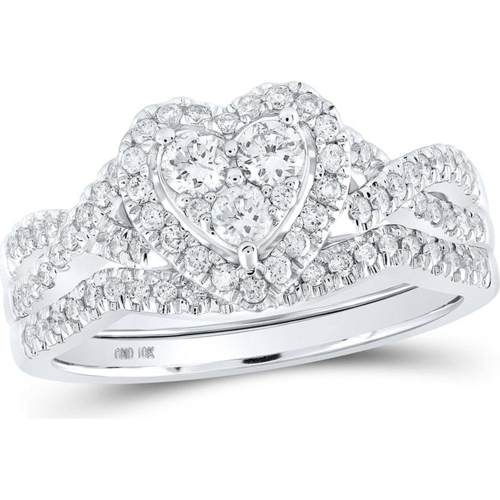 GND 10K White Gold Heart-Shaped Bridal Wedding Ring Set with Round Prong-Set Diamonds - 5/8 Total Carat Weight