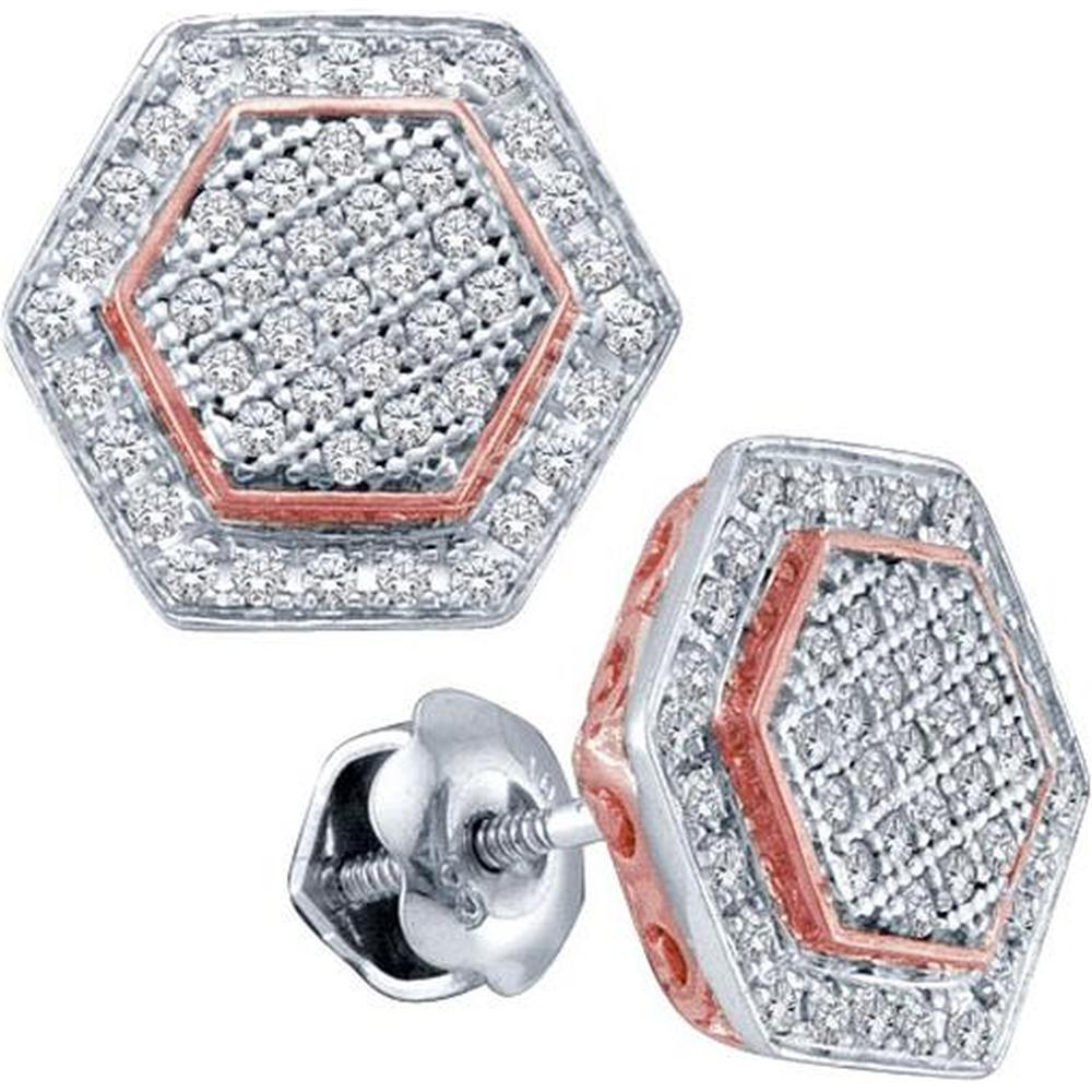 GND 10K White Gold Hexagon Stud Earrings with Pavé-Set Round Diamonds in Rose-Tone Accented Frame - 1/3 Total Diamond Carat Weight