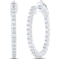 GND 10K White Gold Inside-Outside Hoop Earrings with Prong-Set Round Diamonds - 1.00 Carat Total Diamond Weight