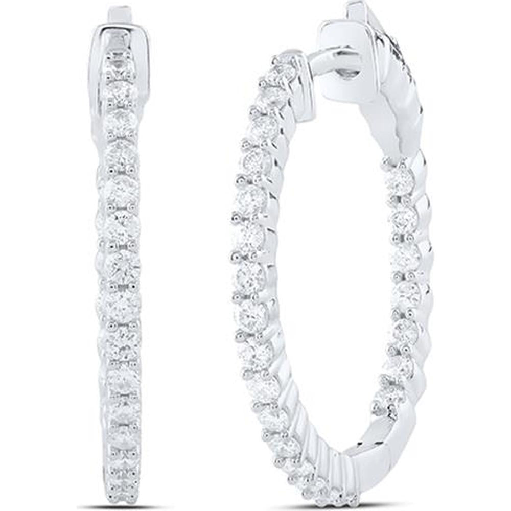 GND 10K White Gold Inside-Outside Hoop Earrings with Prong-Set Round Diamonds - 1.00 Carat Total Diamond Weight