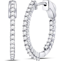 GND 10K White Gold Inside-Outside Hoop Earrings with Prong-Set Round Diamonds - 1.00 Carat Total Diamond Weight
