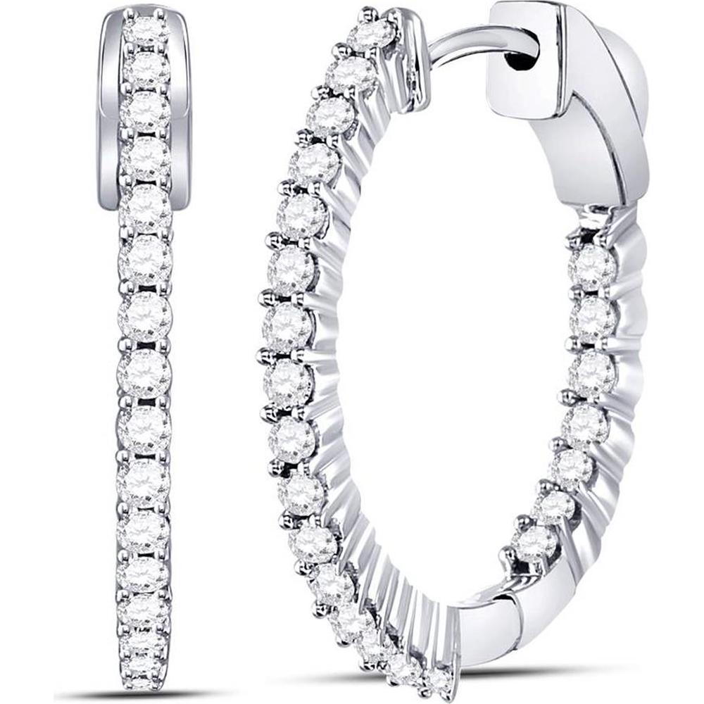 GND 10K White Gold Inside-Outside Hoop Earrings with Prong-Set Round Diamonds - 1.00 Carat Total Diamond Weight
