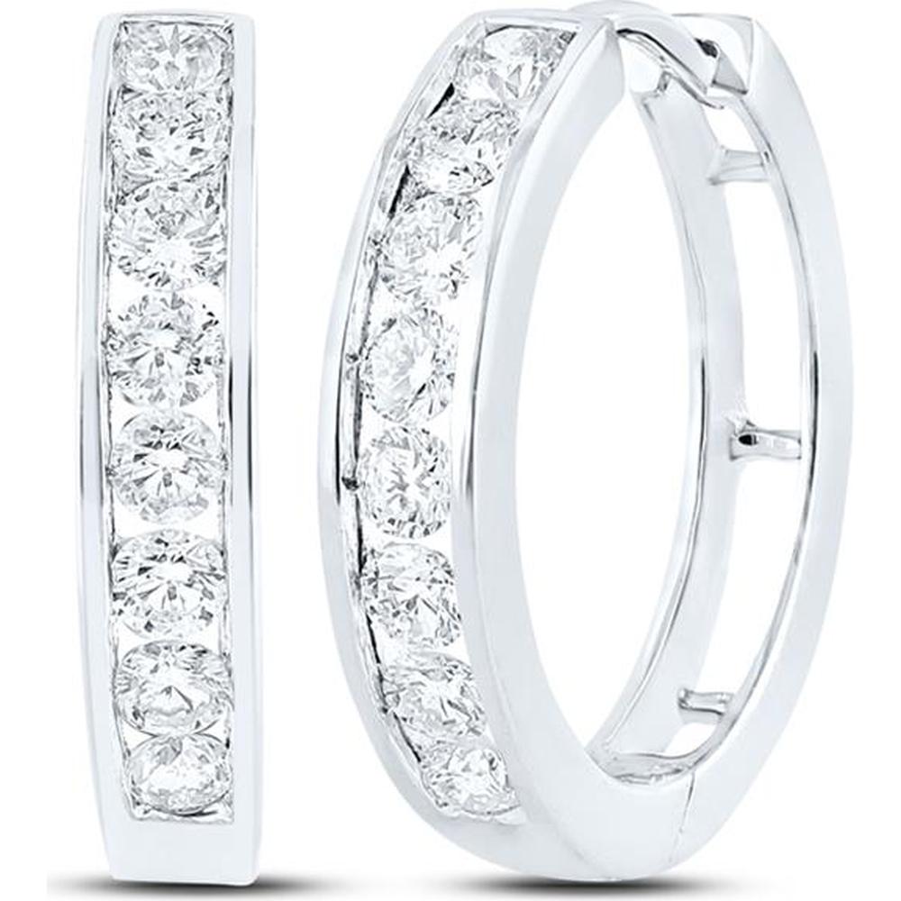 GND 10K White Gold Medium Hoop Earrings with Channel-Set Round Diamonds - 1.00 Carat Total Diamond Weight