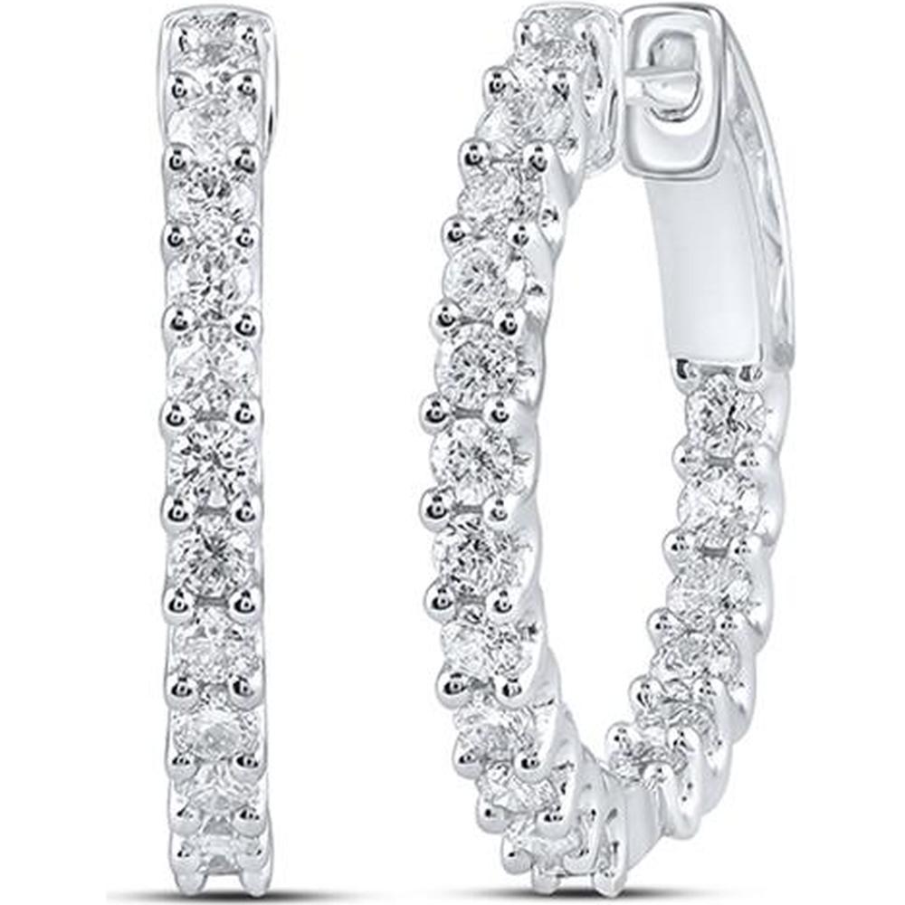 GND 10K White Gold Medium Hoop Earrings with Prong-Set Round Diamonds - 1.5 Carat Total Diamond Weight