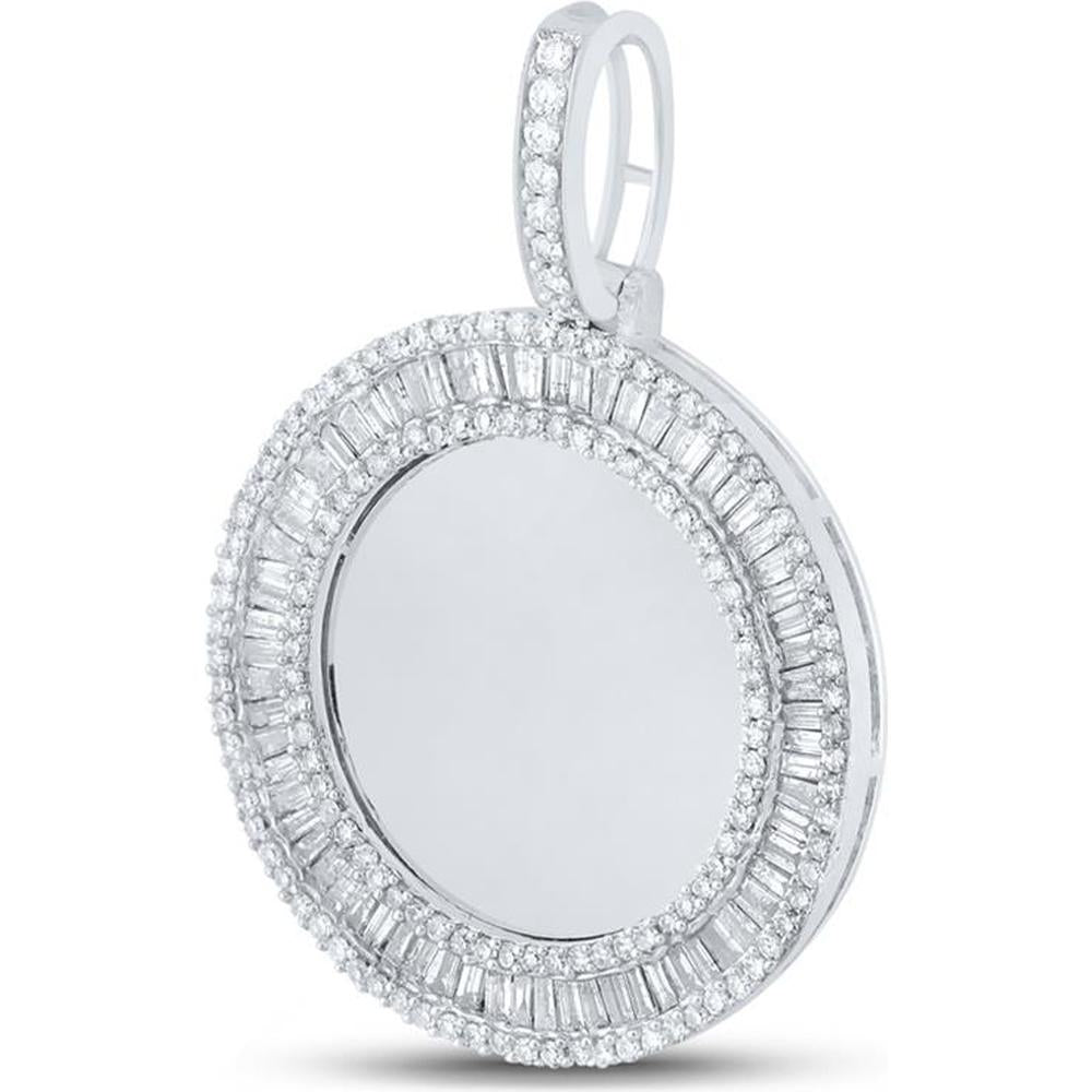 GND 10K White Gold Memory Charm Pendant with Channel-Set Baguette Diamonds and Prong-Set Round Diamonds - 1-1/2 Total Carat Weight