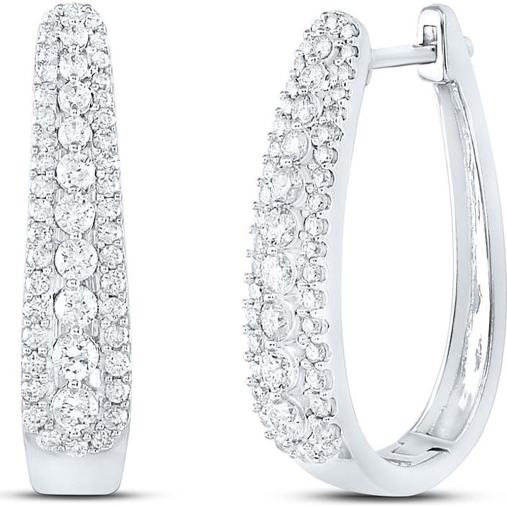 GND 10K White Gold Oblong Hoop Earrings with Prong-Set Round Diamonds - 0.93 Carat Total Diamond Weight