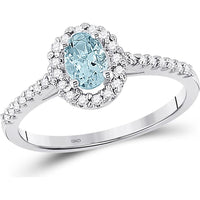GND 10K White Gold Oval Aquamarine and Diamond Accent Solitaire Ring - 0.64 Carat Total Gemstone Weight