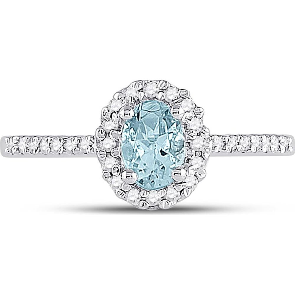 GND 10K White Gold Oval Aquamarine and Diamond Accent Solitaire Ring - 0.64 Carat Total Gemstone Weight
