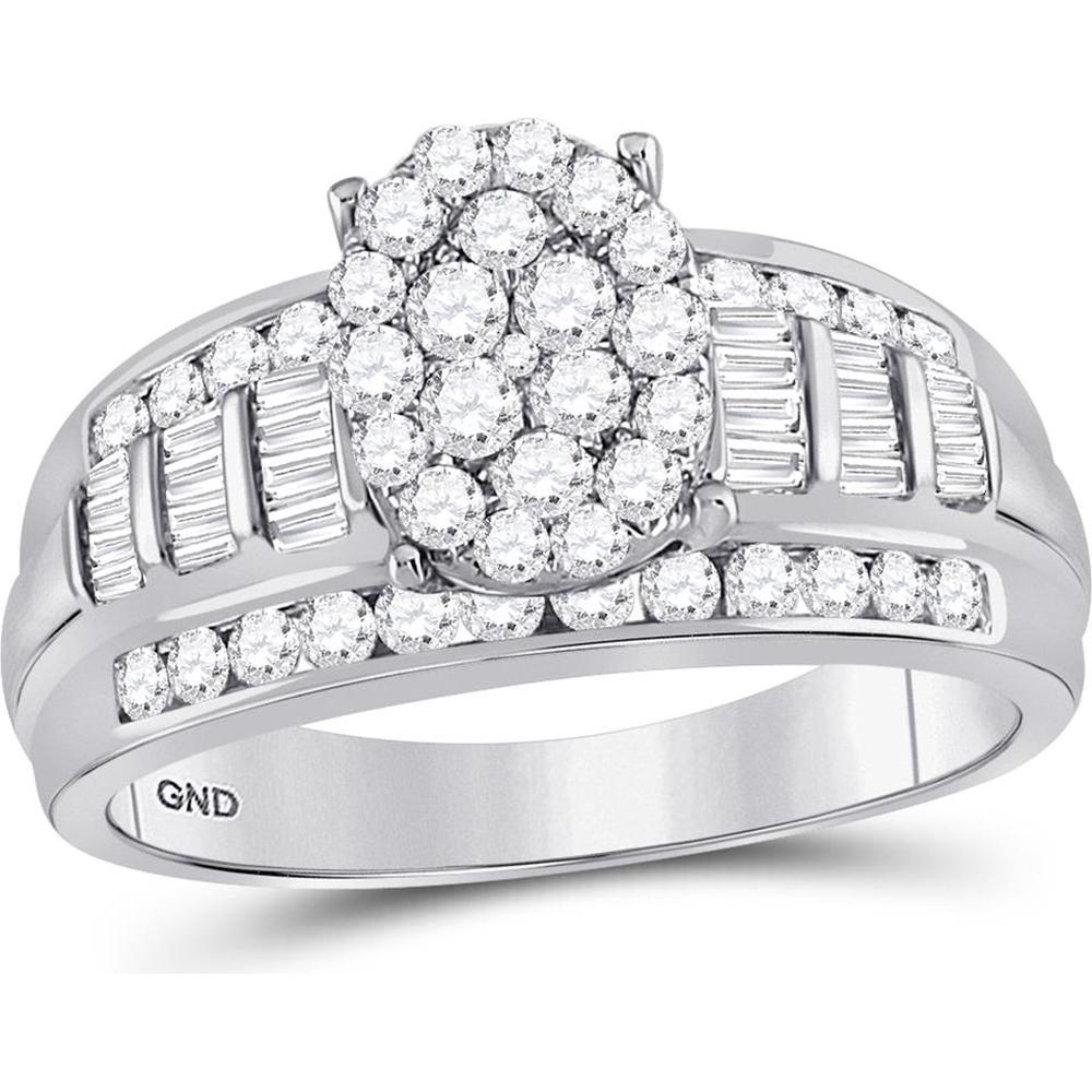 GND 10K White Gold Oval Cluster Bridal Engagement Ring with Prong-Set Round and Channel-Set Baguette Diamonds - 1.00 Carat Total Diamond Weight