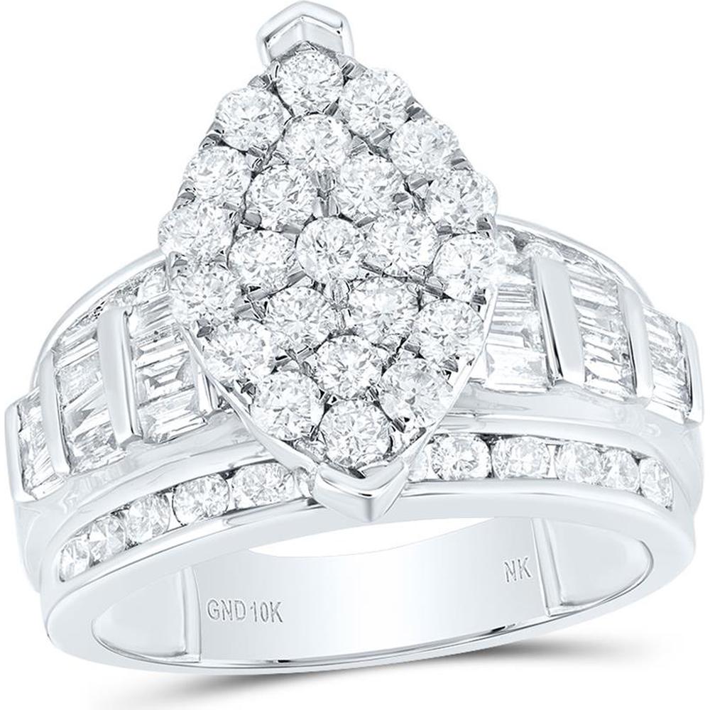 GND 10K White Gold Oval Halo Bridal Engagement Ring with Round and Baguette Diamonds - 2 Carat Total Diamond Weight