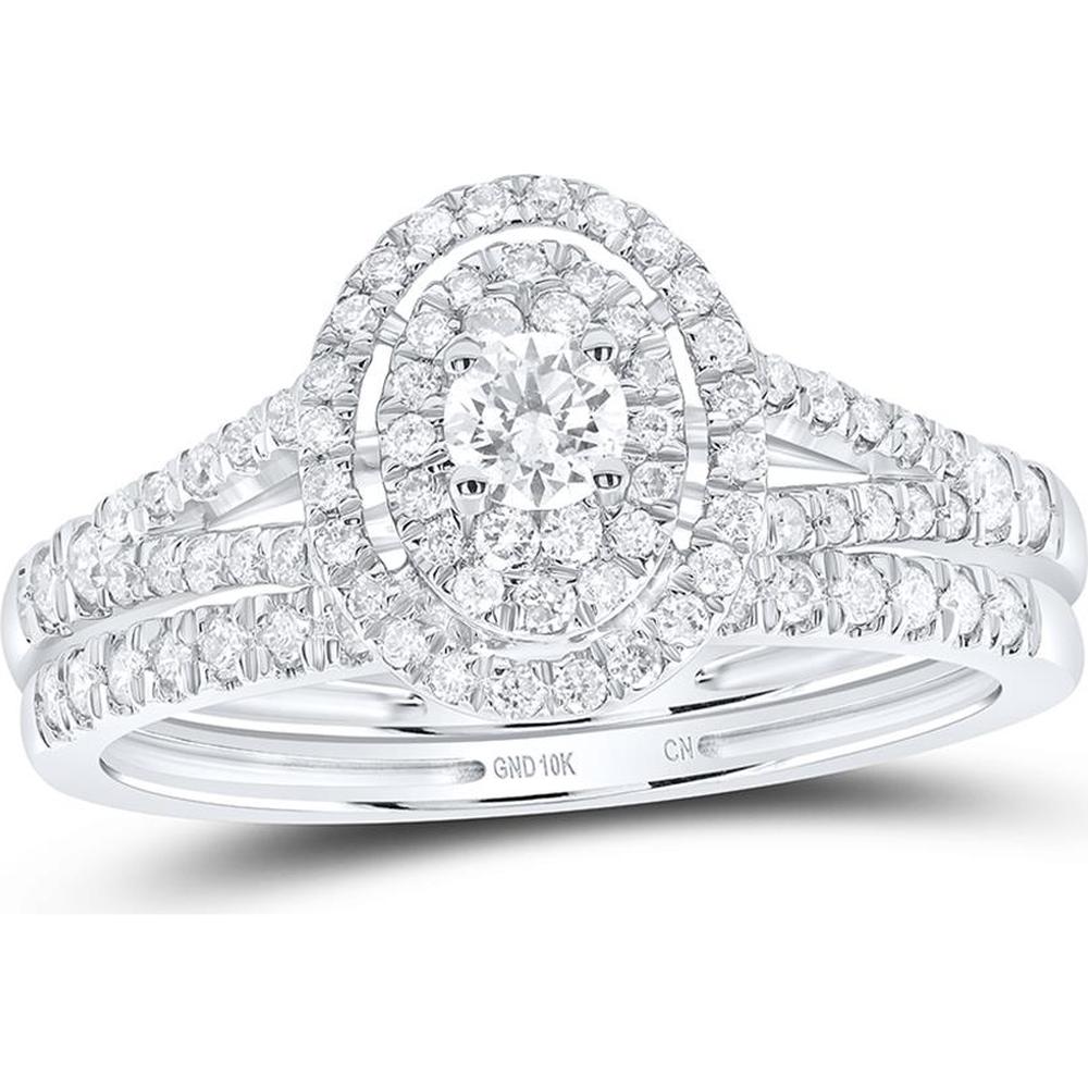 GND 10K White Gold Oval Halo Bridal Wedding Ring Set with Pave and Prong Set Round Diamonds - 1/2 Carat Total Diamond Weight