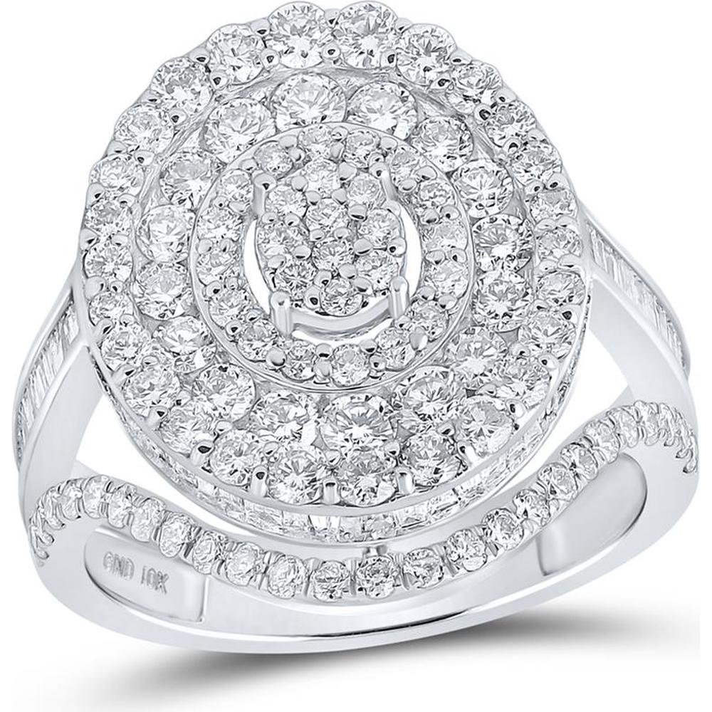 GND 10K White Gold Oval Halo Ring with Prong-Set Round and Channel-Set Baguette Diamonds – 2 3/8 Carat Total Diamond Weight