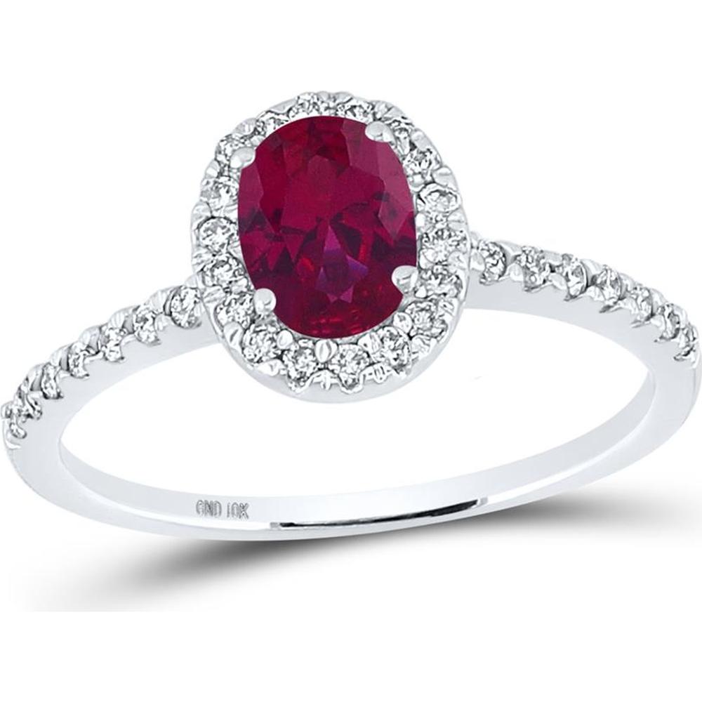 GND 10K White Gold Oval Lab-Created Ruby Ring with Diamond Halo - 1.25 Carat Total Gem Weight