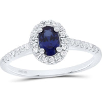 GND 10K White Gold Oval Synthetic Blue Sapphire and Diamond Halo Ring - 0.70 Carat Total Gemstone Weight