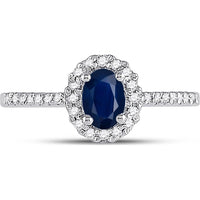 GND 10K White Gold Oval Synthetic Blue Sapphire and Diamond Halo Ring - 0.70 Carat Total Gemstone Weight