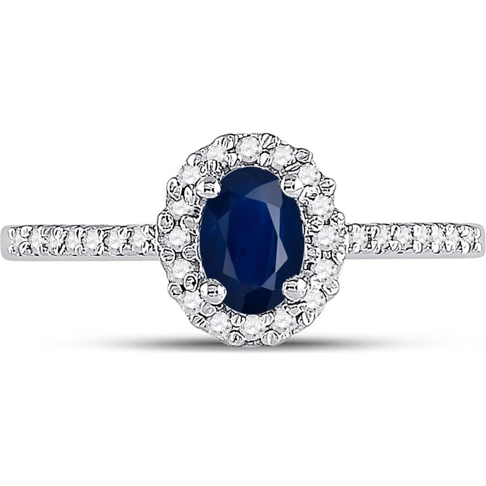 GND 10K White Gold Oval Synthetic Blue Sapphire and Diamond Halo Ring - 0.70 Carat Total Gemstone Weight